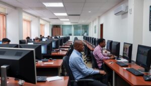 Biuro oszustów matrymonialnych z Afryki, gdzie wiele osób pracuje przy komputerach, oszuści scammer zdjęcia