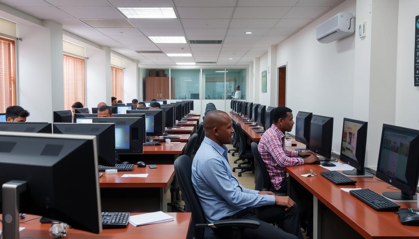 Biuro oszustów matrymonialnych z Afryki, gdzie wiele osób pracuje przy komputerach, oszuści scammer zdjęcia