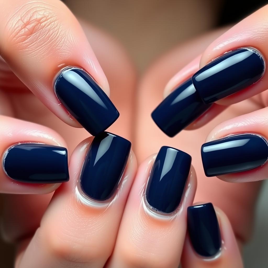 Ciemno niebieskie paznokcie w eleganckim wydaniu z połyskiem