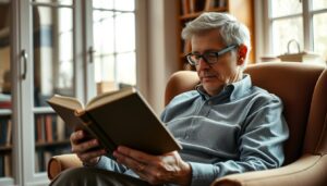 Dojrzały mężczyzna po 60 roku życia czytający książkę w fotelu, czego pragnie facet po 60