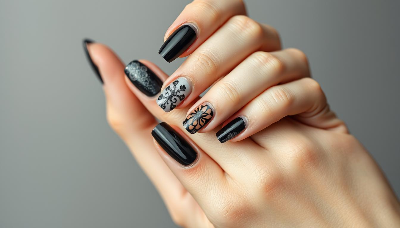 Eleganckie ciemne paznokcie wzory na dłoni kobiety