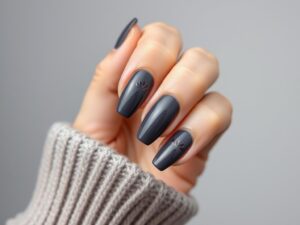 Eleganckie ciemno szare paznokcie w różnych odcieniach na kobiecej dłoni