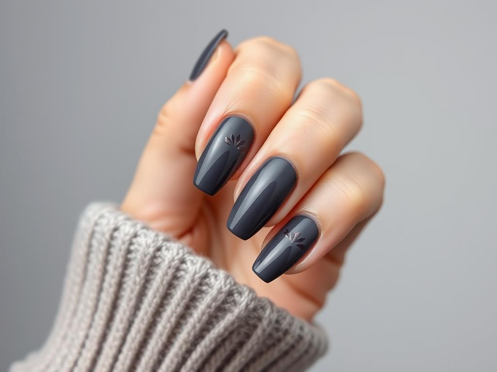 Eleganckie ciemno szare paznokcie w różnych odcieniach na kobiecej dłoni