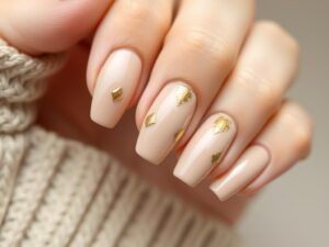 Eleganckie paznokcie beżowe ze złotem na dłoni kobiety