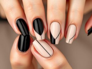 Eleganckie paznokcie czarny z beżem w minimalistycznym stylu