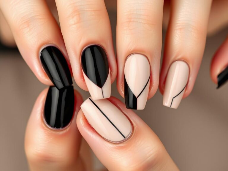 Eleganckie paznokcie czarny z beżem w minimalistycznym stylu