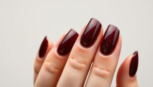 Eleganckie paznokcie hybrydowe bordowe z brokatem na dłoni kobiety
