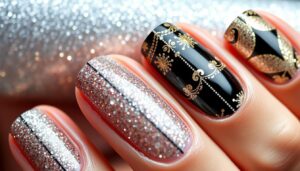 Eleganckie paznokcie sylwestrowe z brokatem i wzorami geometrycznymi