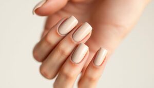 Eleganckie paznokcie w odcieniach beżu na zadbanej dłoni