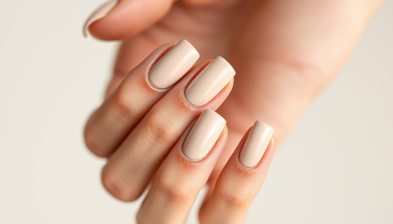 Eleganckie paznokcie w odcieniach beżu na zadbanej dłoni