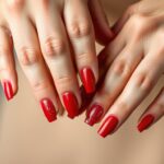 Hybryda czerwona z brokatem na eleganckich, zadbanych dłoniach