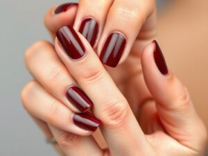Klasyczne bordowe paznokcie w jednolitym kolorze na zadbanych dłoniach