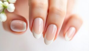 Klasyczne paznokcie ślubne w odcieniu nude z delikatnym połyskiem