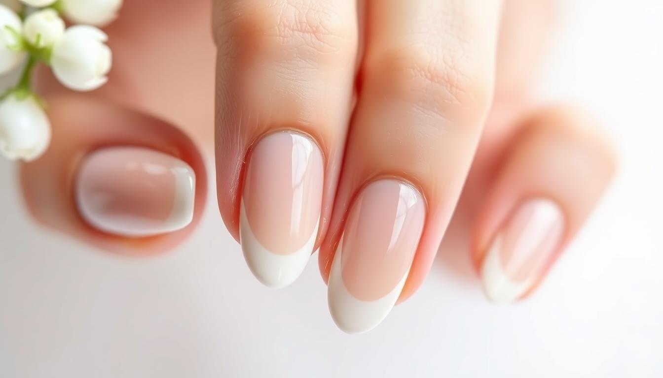 Klasyczne paznokcie ślubne w odcieniu nude z delikatnym połyskiem