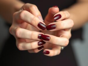 Klasyczne paznokcie żelowe bordowe w jednolitym kolorze na dłoniach kobiety