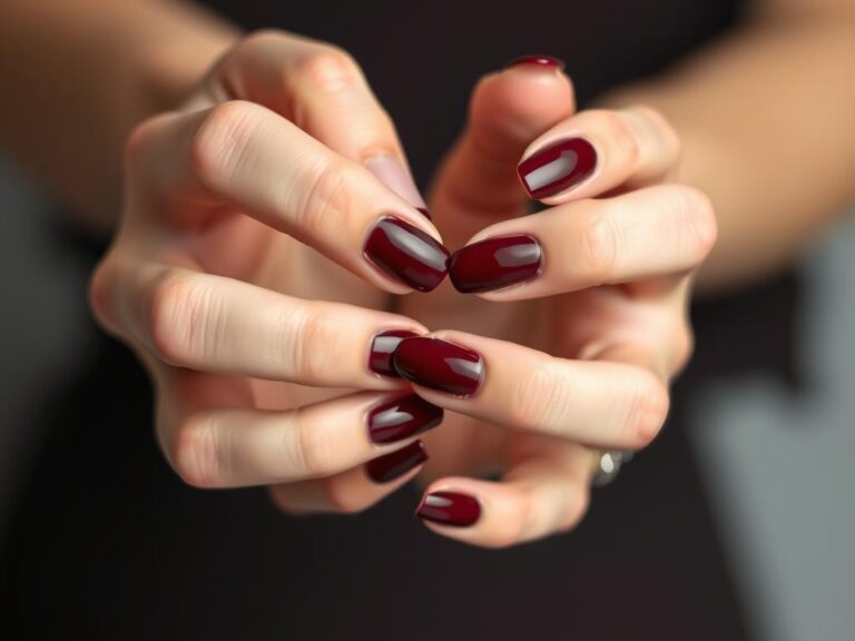 Klasyczne paznokcie żelowe bordowe w jednolitym kolorze na dłoniach kobiety