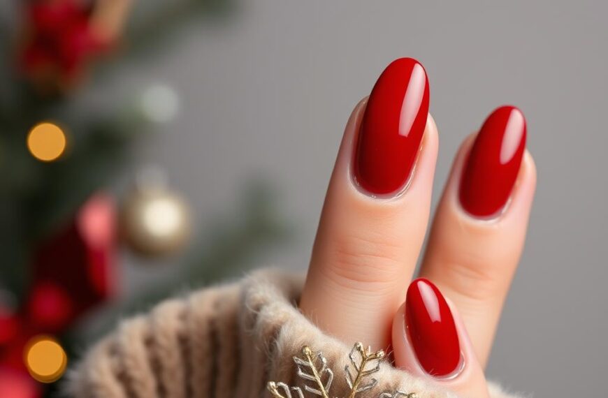 Klasyczny czerwony manicure hybrydowy na święta z delikatnymi złotymi akcentami