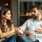 Kobieta i mężczyzna siedzący naprzeciwko siebie podczas rozmowy, ilustrujący temat jak zrozumieć faceta