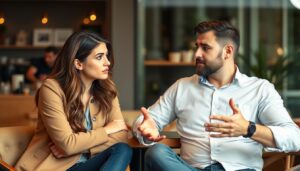 Kobieta i mężczyzna siedzący naprzeciwko siebie podczas rozmowy, ilustrujący temat jak zrozumieć faceta