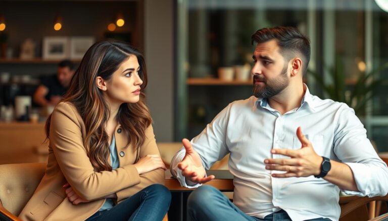 Kobieta i mężczyzna siedzący naprzeciwko siebie podczas rozmowy, ilustrujący temat jak zrozumieć faceta