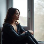 Kobieta siedząca samotnie przy oknie, przeżywająca życie po rozstaniu