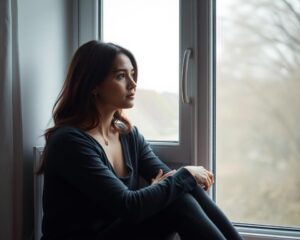 Kobieta siedząca samotnie przy oknie, przeżywająca życie po rozstaniu