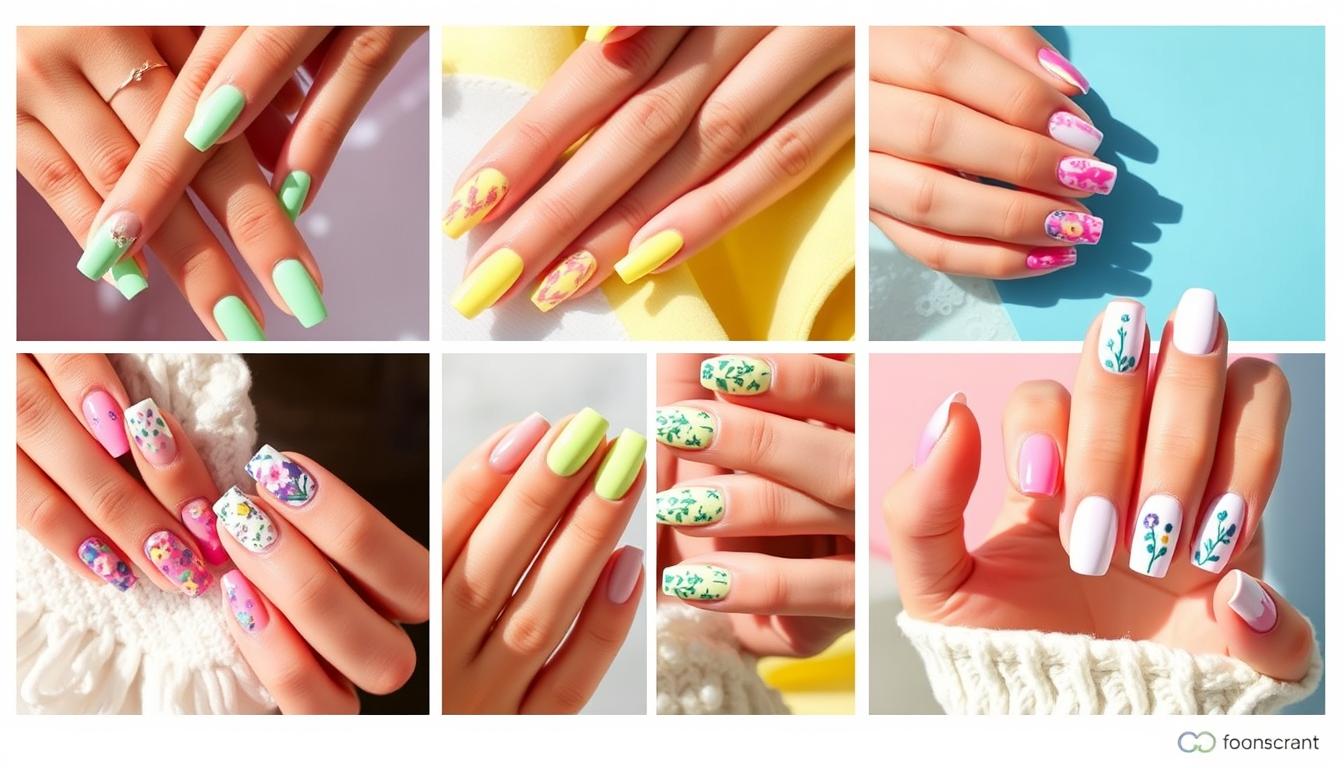 Kolaż przedstawiający najmodniejsze paznokcie na lato 2023 - pastelowe, neonowe i wzorzyste stylizacje