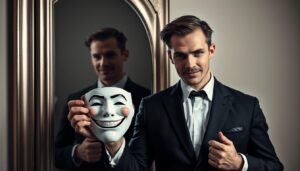 Mężczyzna w garniturze z maską w ręku symbolizujący dwulicowość psychopaty w relacjach miłosnych