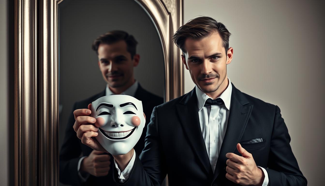 Mężczyzna w garniturze z maską w ręku symbolizujący dwulicowość psychopaty w relacjach miłosnych