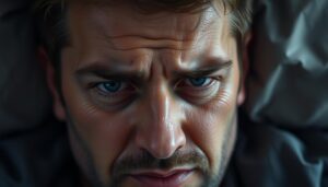 Mężczyzna z wyraźnymi oznakami stresu podczas kłamania, facet kłamie w żywe oczy