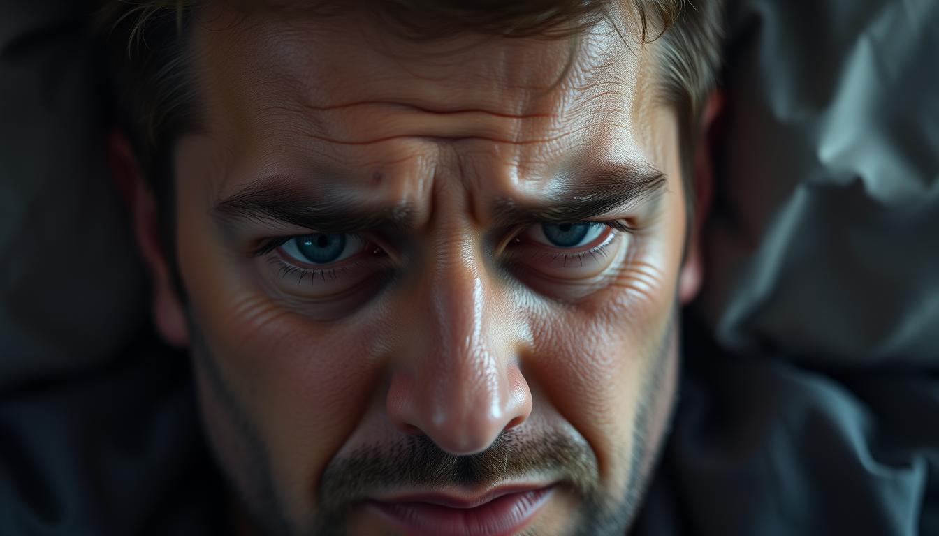 Mężczyzna z wyraźnymi oznakami stresu podczas kłamania, facet kłamie w żywe oczy