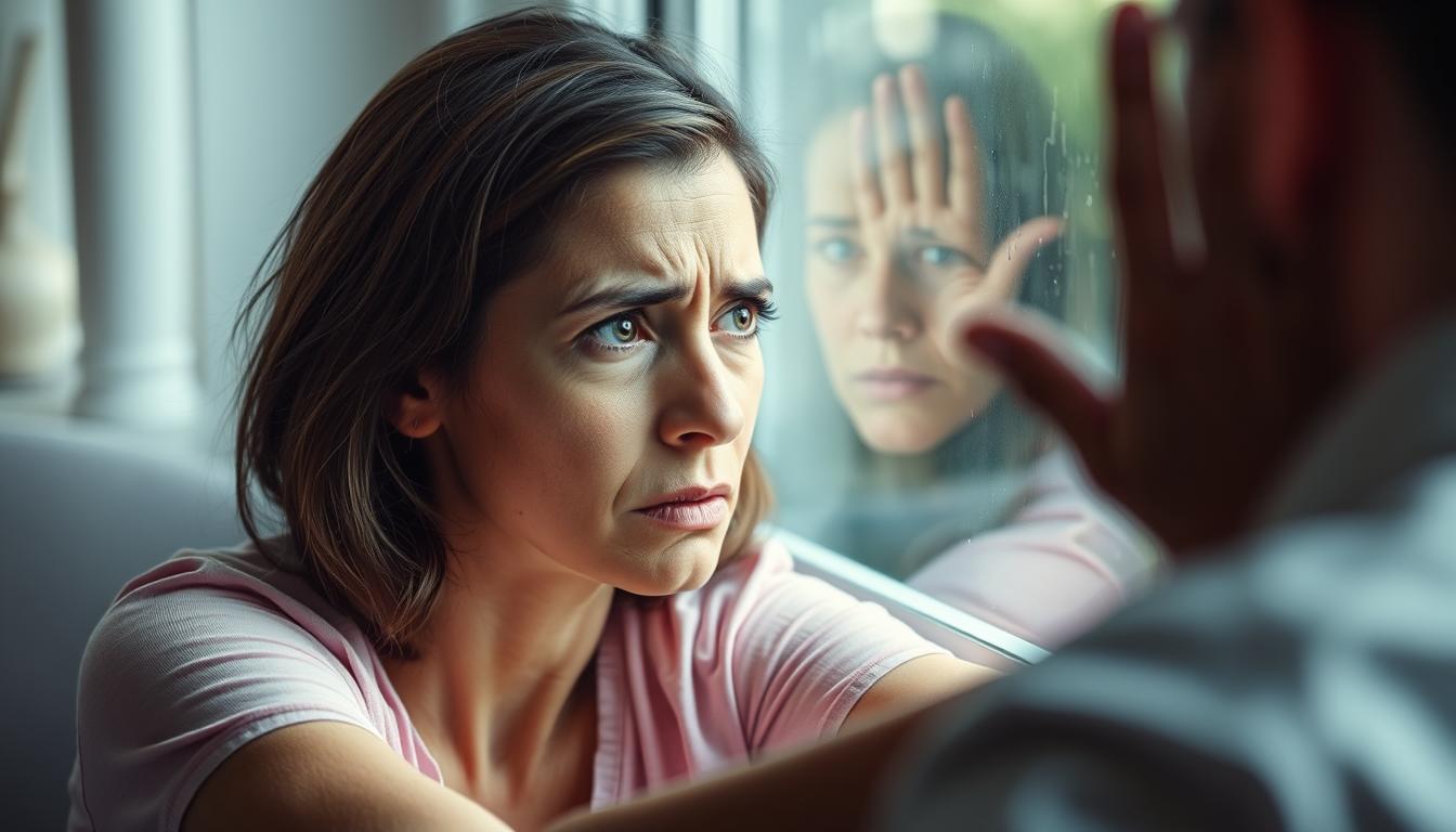 Obsesja na punkcie osoby - kobieta patrząca przez okno z wyrazem niepokoju