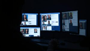 Oszust matrymonialny pracujący przy komputerze, manipulujący wieloma profilami randkowymi jednocześnie