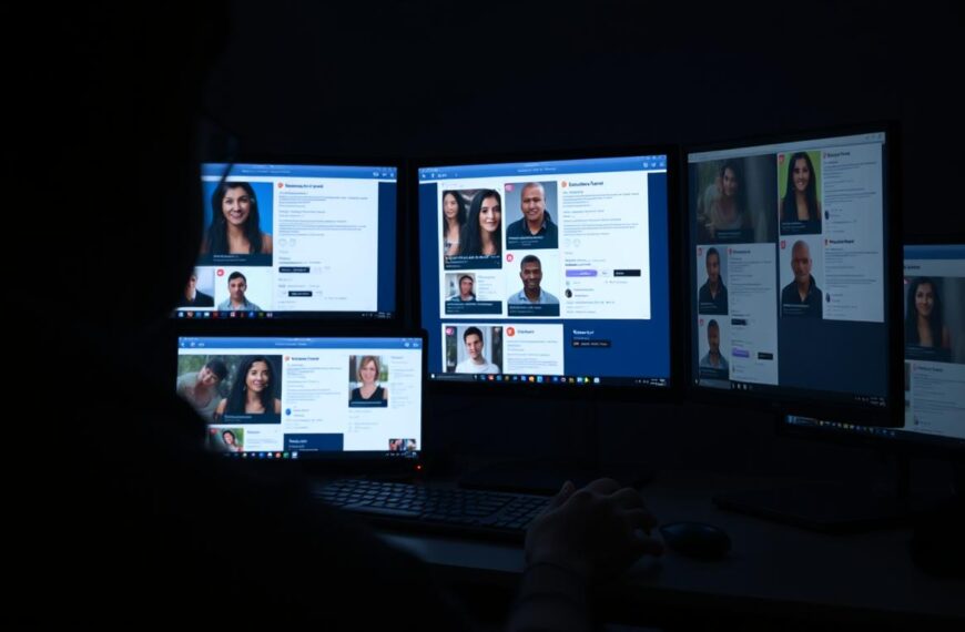 Oszust matrymonialny pracujący przy komputerze, manipulujący wieloma profilami randkowymi jednocześnie