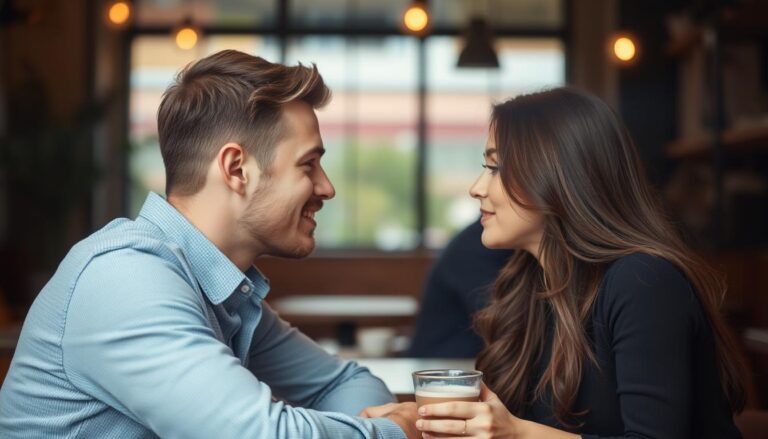 Para podczas romansu - mężczyzna i kobieta patrzący na siebie z intensywnością, etapy romansu widoczne w ich gestach