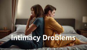 Para siedząca tyłem do siebie na łóżku, symbolizująca problemy z intymnością i jak poradzić sobie z chcicą