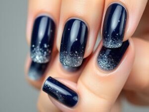 Paznokcie granatowe ze srebrnym brokatem przypominające rozgwieżdżone niebo