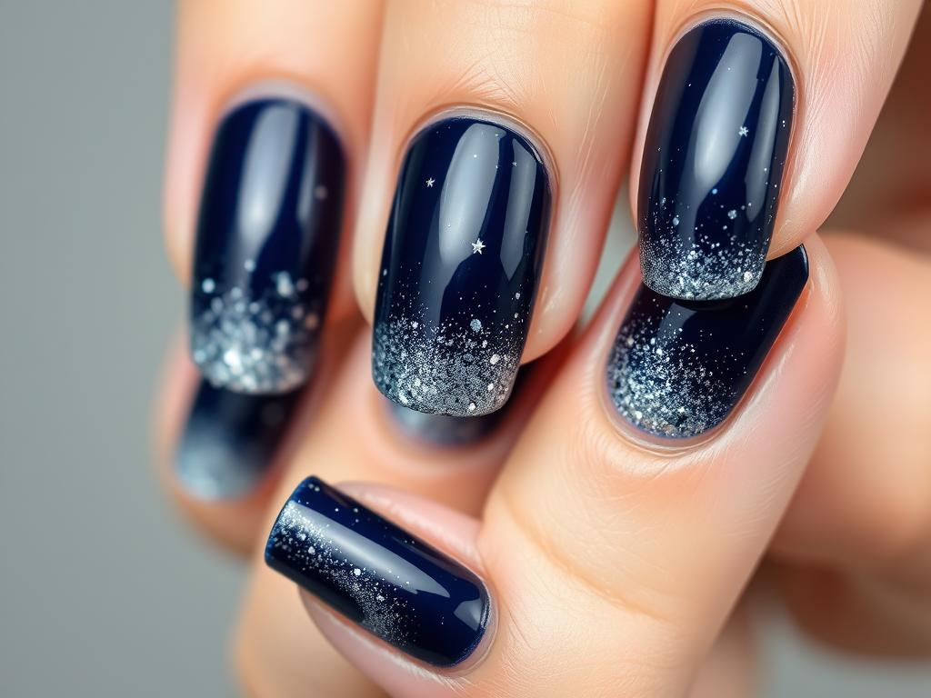 Paznokcie granatowe ze srebrnym brokatem przypominające rozgwieżdżone niebo