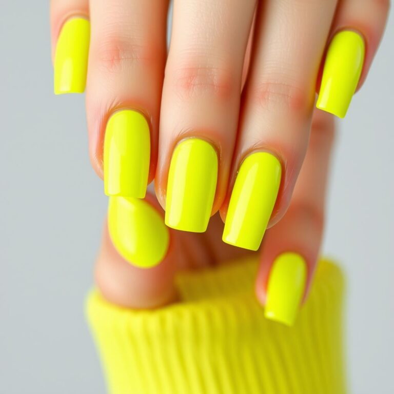 Paznokcie neonowe żółte w jednolitym kolorze na dłoni
