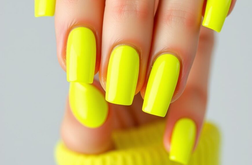 Paznokcie neonowe żółte w jednolitym kolorze na dłoni