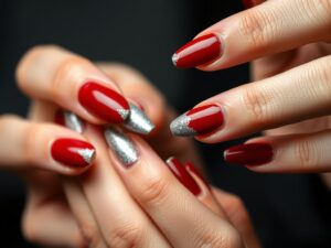 Paznokcie srebrno czerwone z brokatowym zdobieniem na końcówkach