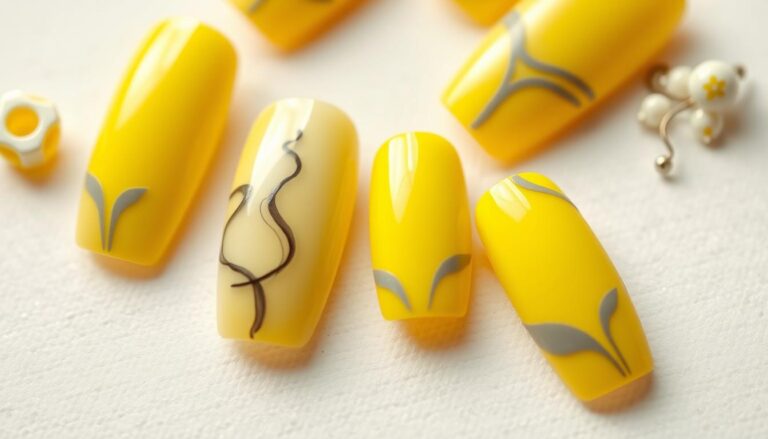 Paznokcie żółte z szarym w różnych stylizacjach ułożone na jasnym tle