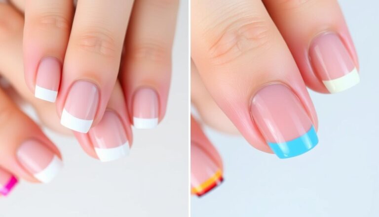 Porównanie klasycznego białego frencha z kolorowym frenchem na paznokciach hybrydowych