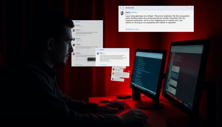 Scammer po polsku pracujący przy komputerze, wysyłający wiadomości do potencjalnych ofiar