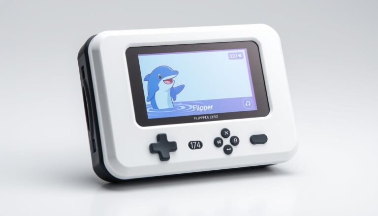 Urządzenie Flipper Zero z widocznym wyświetlaczem LCD i przyciskami nawigacyjnymi