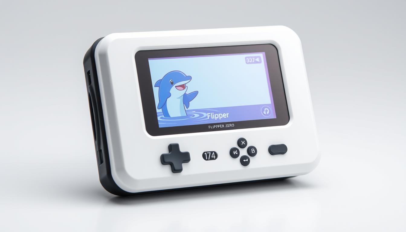 Urządzenie Flipper Zero z widocznym wyświetlaczem LCD i przyciskami nawigacyjnymi
