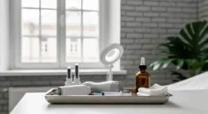 Sterylna taca z narzedziami do terapii blizn potradzikowych - kartridz microneedlingu RF, glowica lasera, strzykawka z w