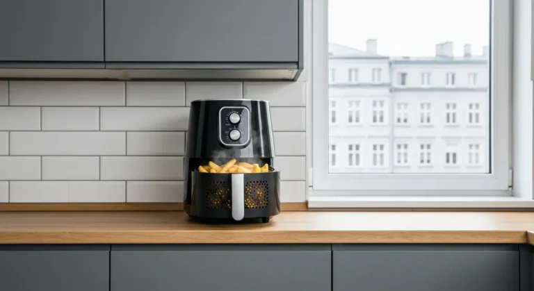 Czarny air fryer z wysunietym koszem pelnym zlocistych frytek na drewnianym blacie w jasnej kuchni