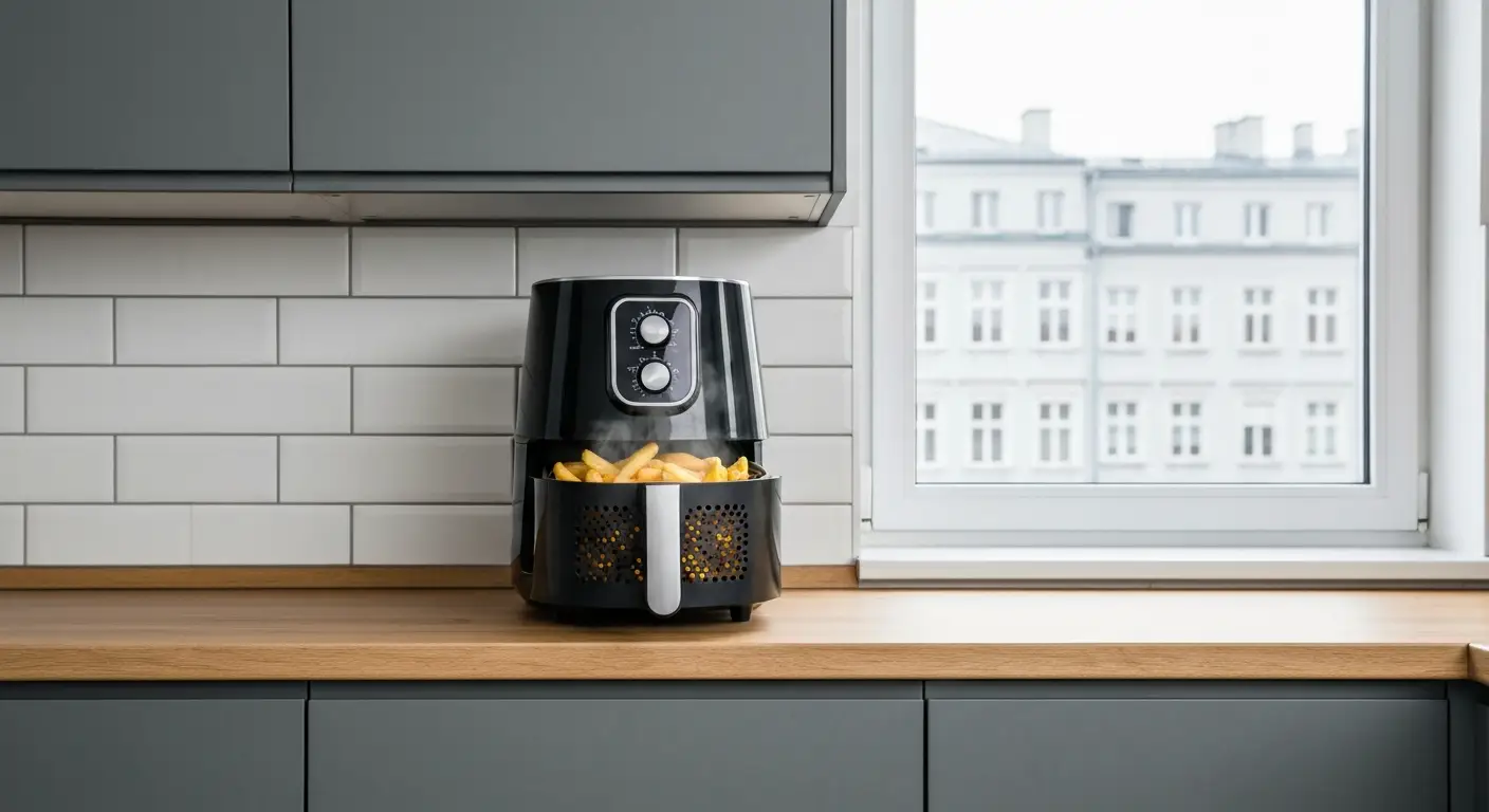 Czarny air fryer z wysunietym koszem pelnym zlocistych frytek na drewnianym blacie w jasnej kuchni