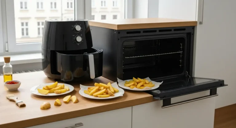 Air fryer i piekarnik obok siebie w jasnej kuchni, na blacie dwa talerze zlocistych frytek i surowe czastki ziemniakow